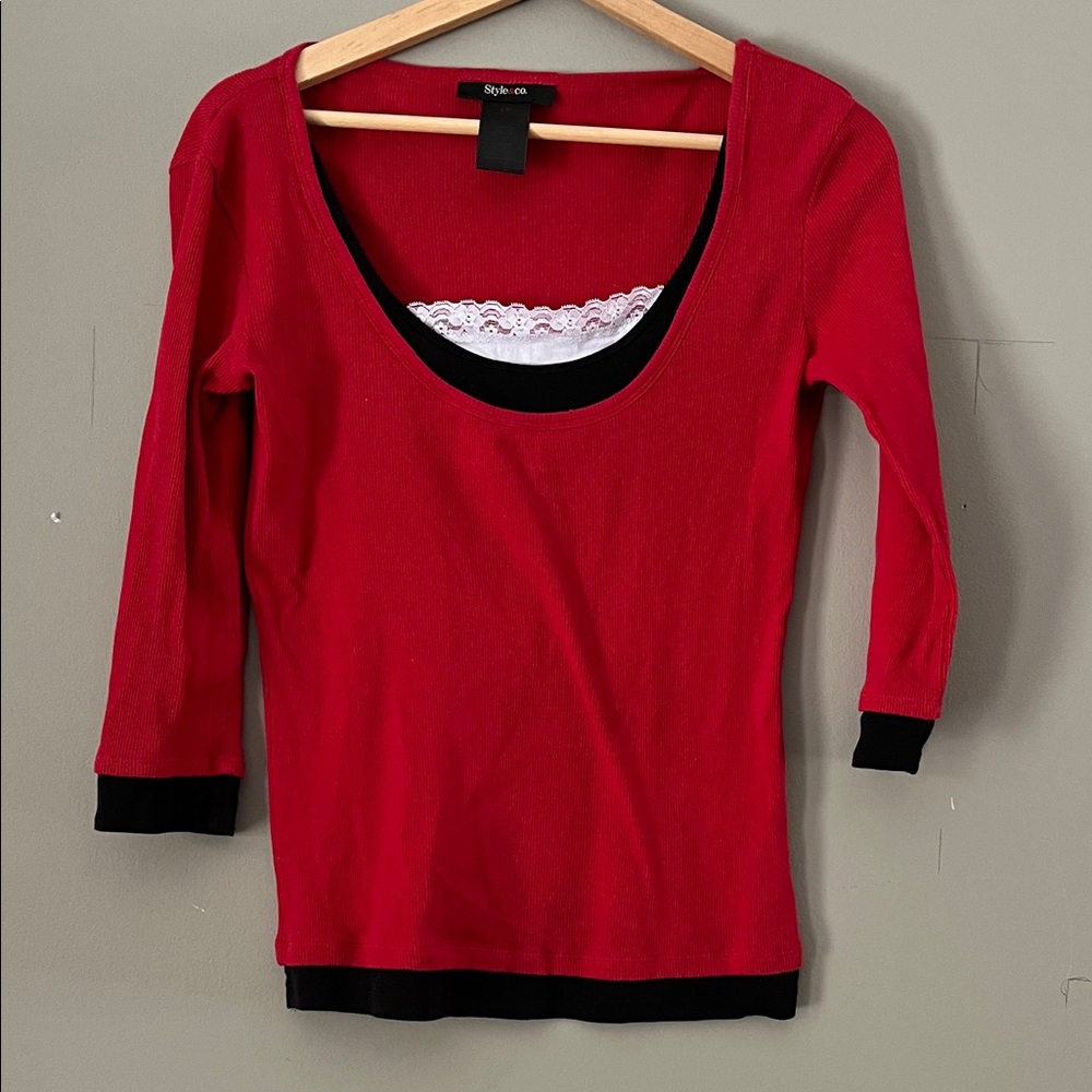 Style & Co. Red and Black Layered Top, Long Sleeves, Cropped Collar, size M